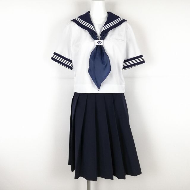 1円 セーラー服 スカート スカーフ 上下3点セット 175A 夏物 白3本線 女子 学生服 中学 高校 白 制服 中古 ランクB NA4432_画像1