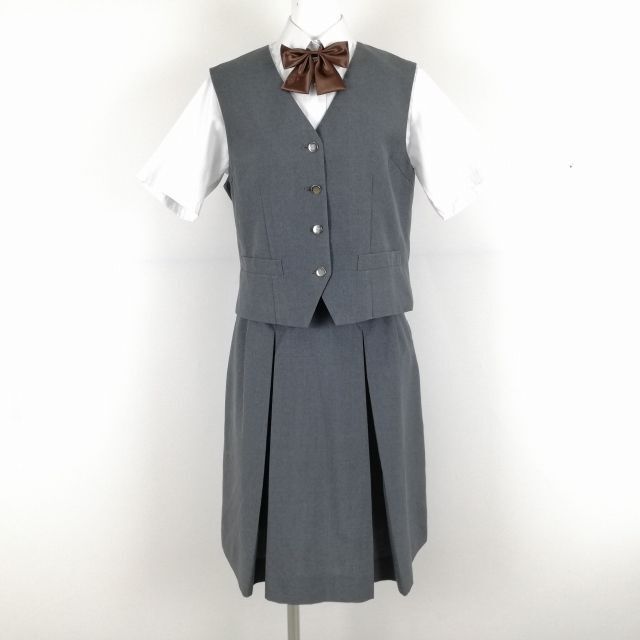 1円 ベスト スカート リボン 上下4点セット 夏物 女子 学生服 中学 高校 グレー 制服 中古 ランクB NA3784_画像1