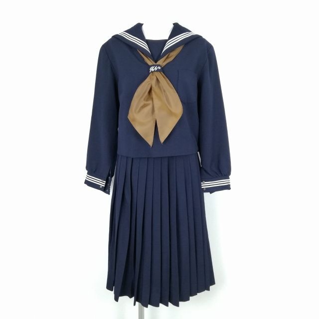 1円 セーラー服 スカート スカーフ 上下3点セット 大きいサイズ 冬物 白3本線 女子 学生服 中古 兵庫太子西中学 紺 中古 ランクC NA5369_画像1