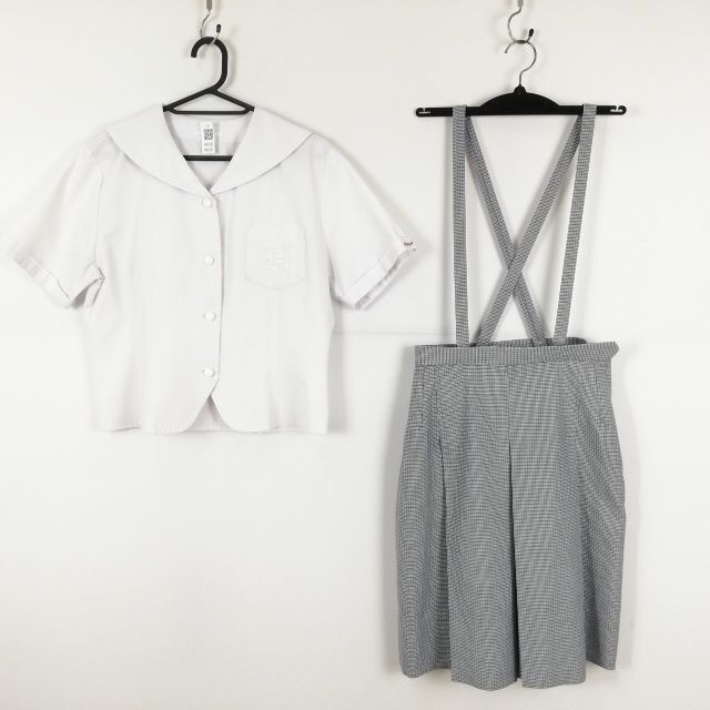 1円 セーラー服 チェックスカート 上下2点セット 大きいサイズ 夏物 女子 学生服 兵庫姫路高校 白 制服 中古 ランクC NA5581_画像1