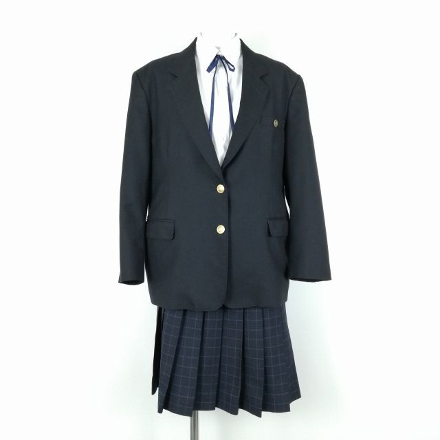 1円 ブレザー ミニスカート 紐タイ 上下4点セット 大きいサイズ 冬物 女子 学生服 中学 高校 紺 制服 中古 ランクB NA4592_画像1