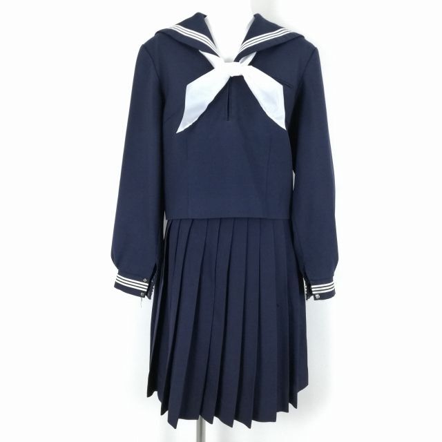 1円 セーラー服 スカート スカーフ 上下3点セット 大きいサイズ カンコー 冬物 白3本線 女子 学生服 中学 高校 紺 中古 ランクC NA4531_画像1