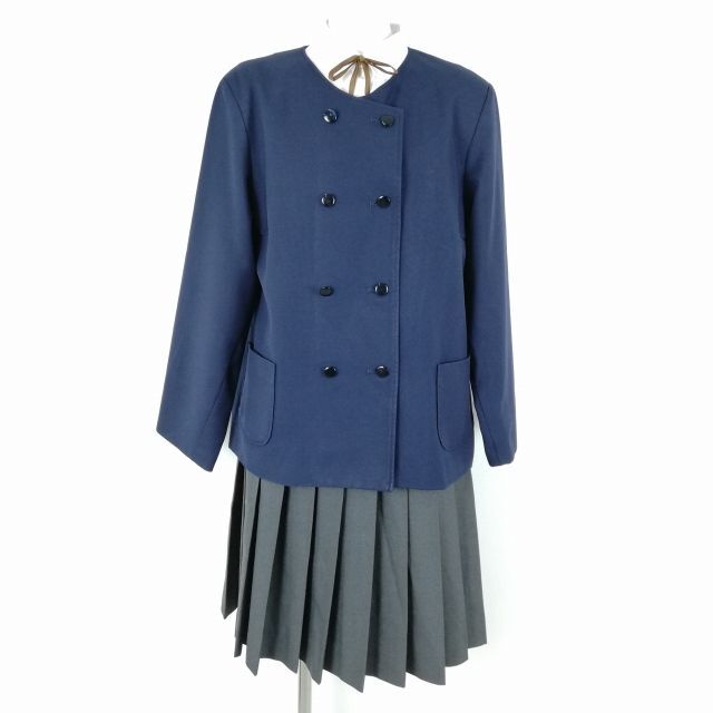 1円 イートン スカート 紐タイ 上下4点セット 大きいサイズ 冬物 女子 学生服 中学 高校 紺 制服 中古 ランクC NA4267_画像1