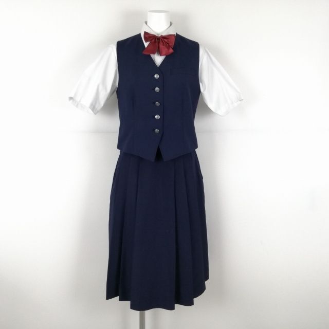 1 jpy the best skirt ribbon top and bottom 4 point set summer thing woman school uniform middle . high school flower navy blue uniform used rank C NA4064