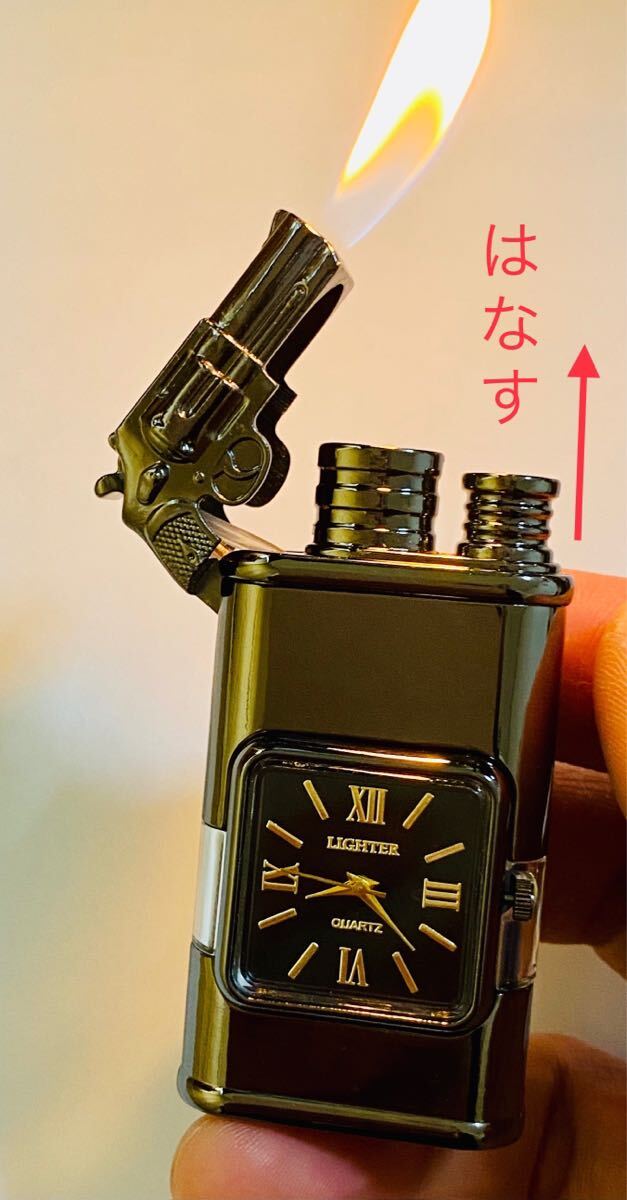 時計機能付き透明ガスタンクジェット炎ソフト炎切替可能ハンドガン型ガスライターターボライター(ギフト箱付き)