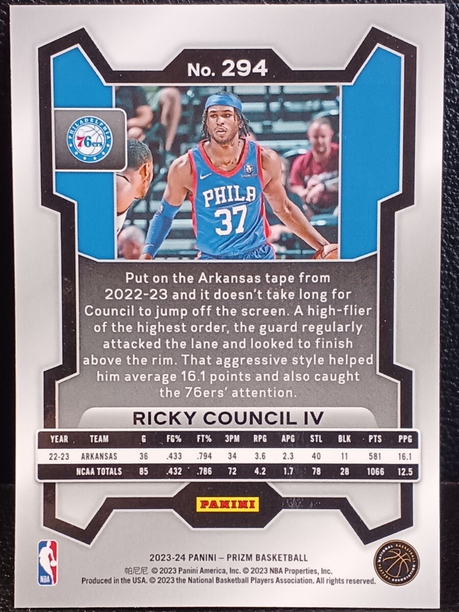 2023-24 Panini Prizm Basketball Ricky Council Ⅳ RC NBA ルーキー 76ers Sixers _画像2