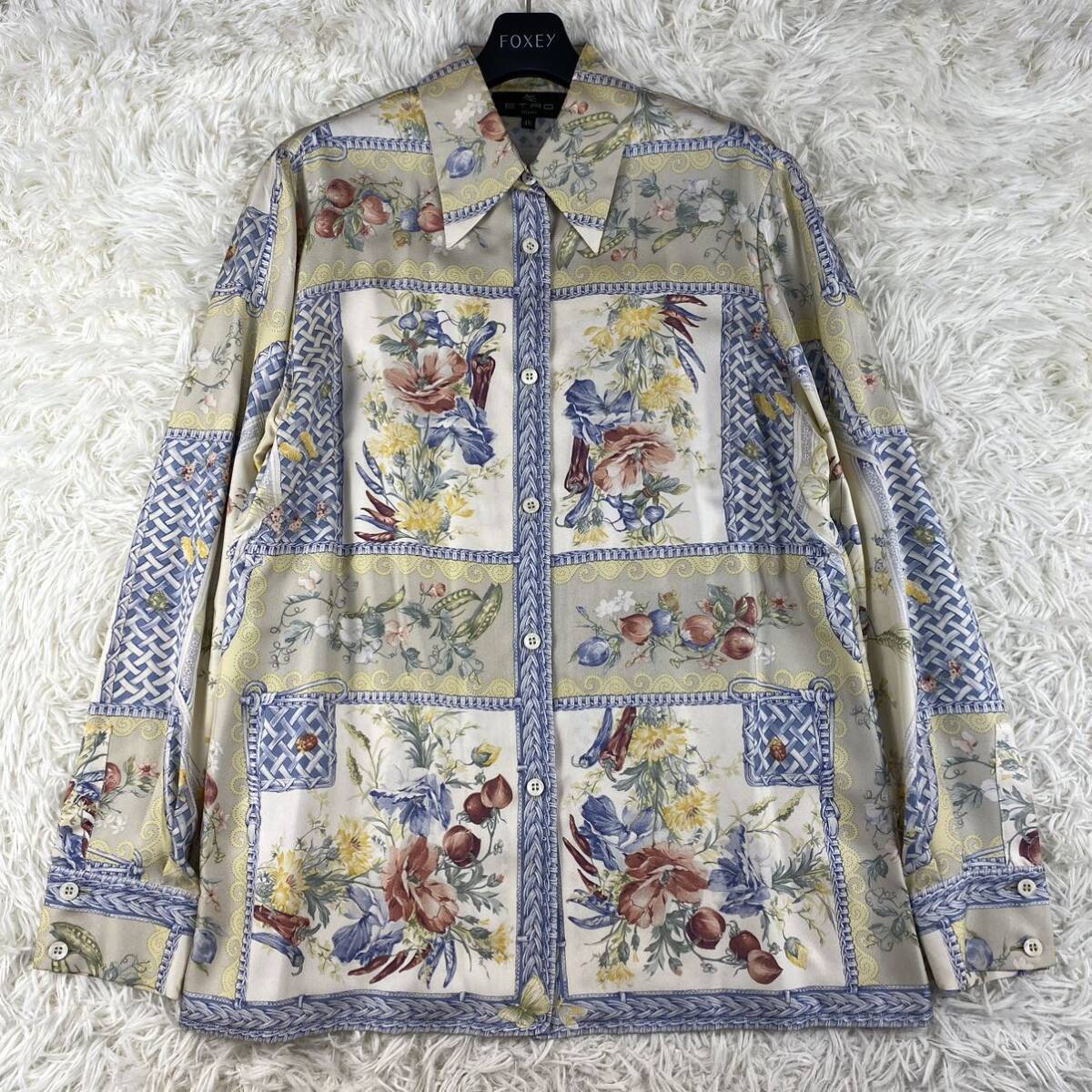 シルク100% ◎ETRO エトロ 大きいサイズ SIZE46 2XL 日焼け対策 オーバーサイズシャツ 花柄 フラワー 絹 ブラウス 長袖 柄シャツ_画像1