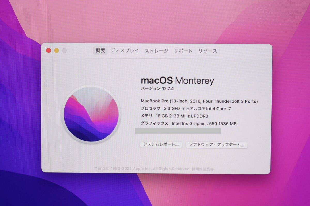 Apple MacBook Pro(13-inch, 2016, Thunderbolt 3ポートx 4) [Core i7-3.3GHz/500GB /16GB /macOS Monterey/Touch Bar /Webカメラ/Wi-Fi]の画像5