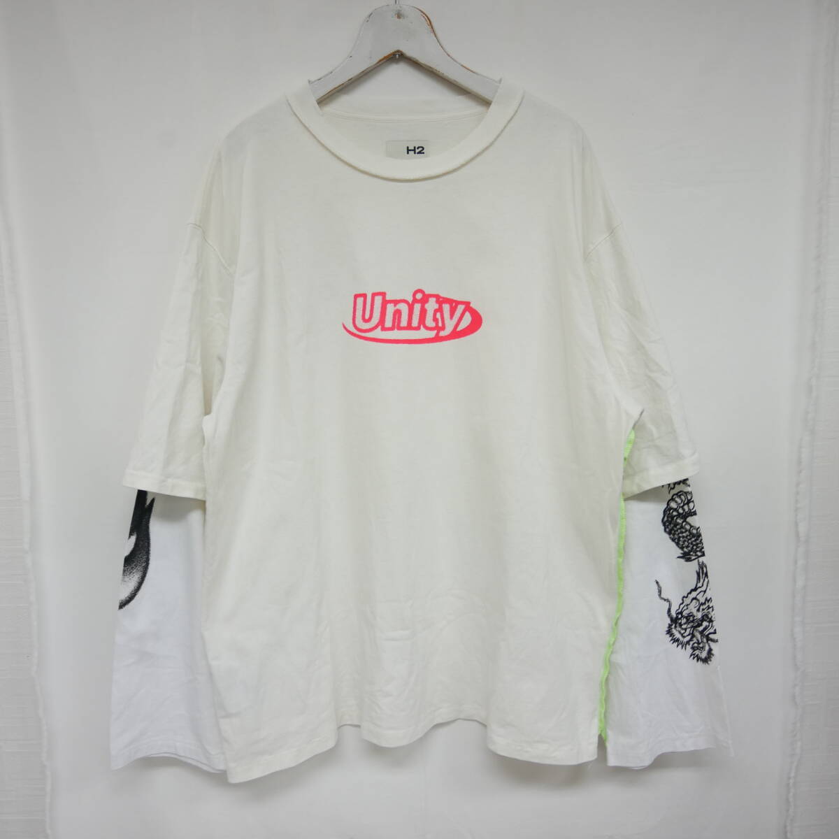 【1円】良好 国内正規 Heron Preston×H&M H2 ヘロンプレストン 24SS ダブルレイヤードTシャツ インサイドアウト WHITE ホワイト 白 Mの画像1