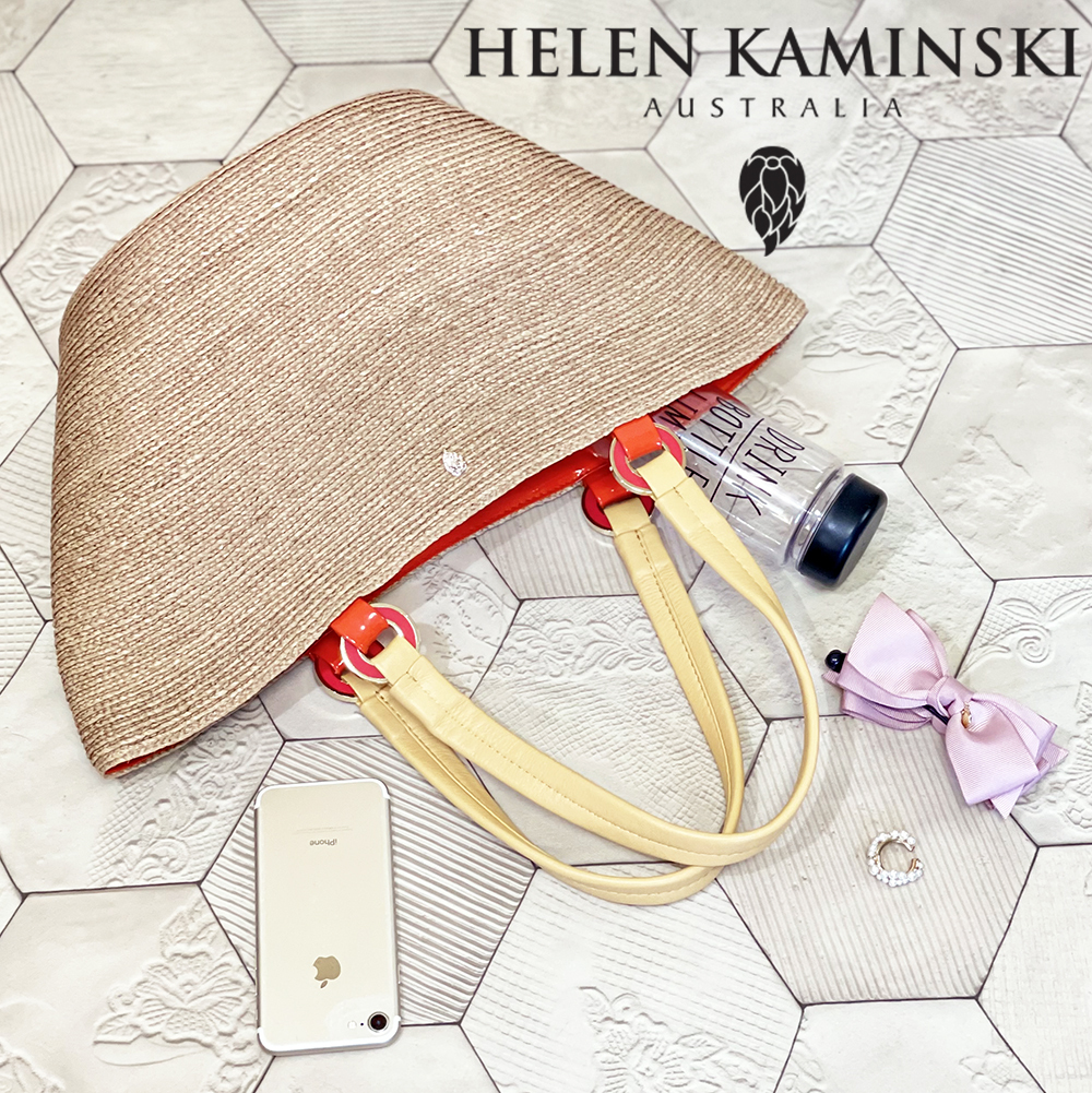 ◆新品 ヘレンカミンスキー【HELEN KAMINSKI】牛革使用 ゴールドリーフ装飾 舟形 ラフィアトート かごバッグ 肩掛けOK