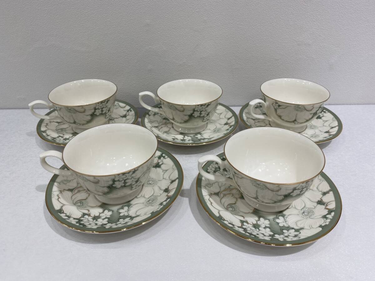 NARUMI CHINA ナルミチャイナ　カップ＆ソーサー ５客セット 花柄 グリーン 緑　ティーカップ コーヒーカップ_画像3