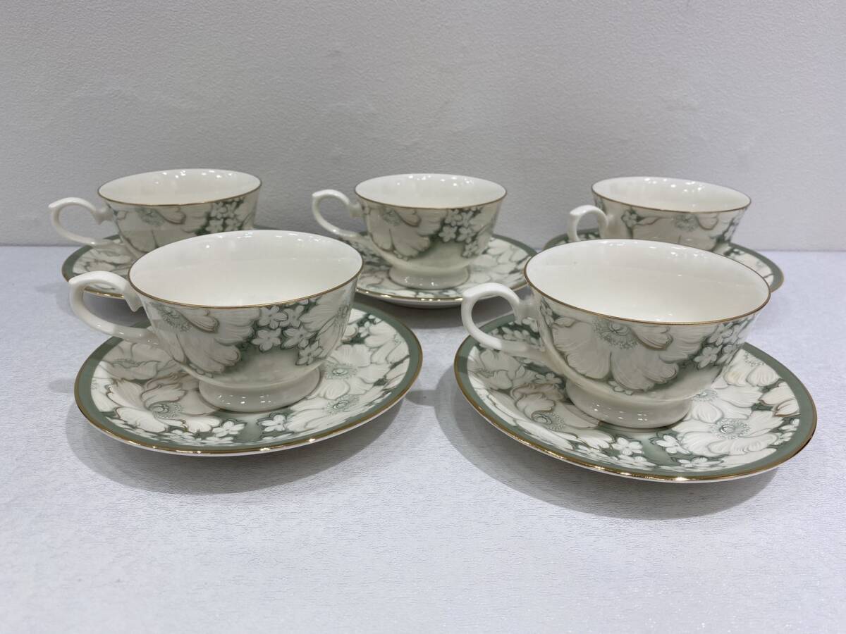 NARUMI CHINA ナルミチャイナ　カップ＆ソーサー ５客セット 花柄 グリーン 緑　ティーカップ コーヒーカップ_画像4