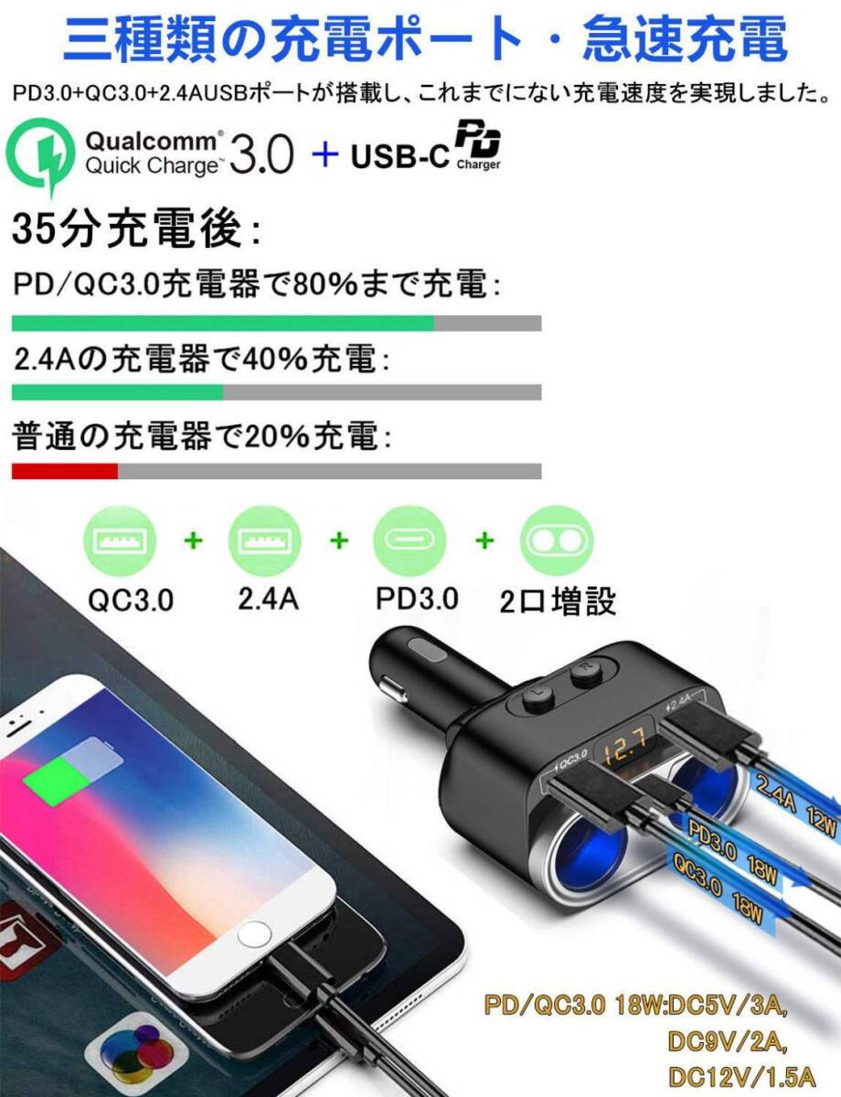 車載充電器 シガーソケット 2連 USBポート搭載