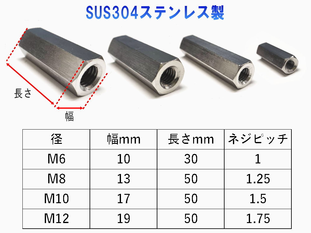 高ナット (M10×50mm) SUS304 ステンレス 長ナット 内径10ミリ 高さ50ミリ 六角 カップリングナット ねじピッチ 1.5 六角支柱 高さ調整 0_画像2