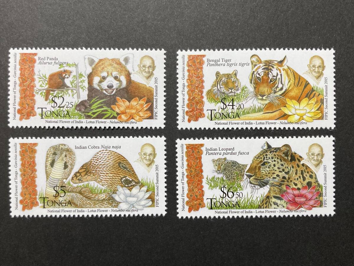  foreign stamp ( unused ) ton ga2016 year issue no. 2 times India * futoshi flat . islands country cooperation meeting single one-side 4 kind .- India. . raw animal gun ji-FIPICresa- Panda other 
