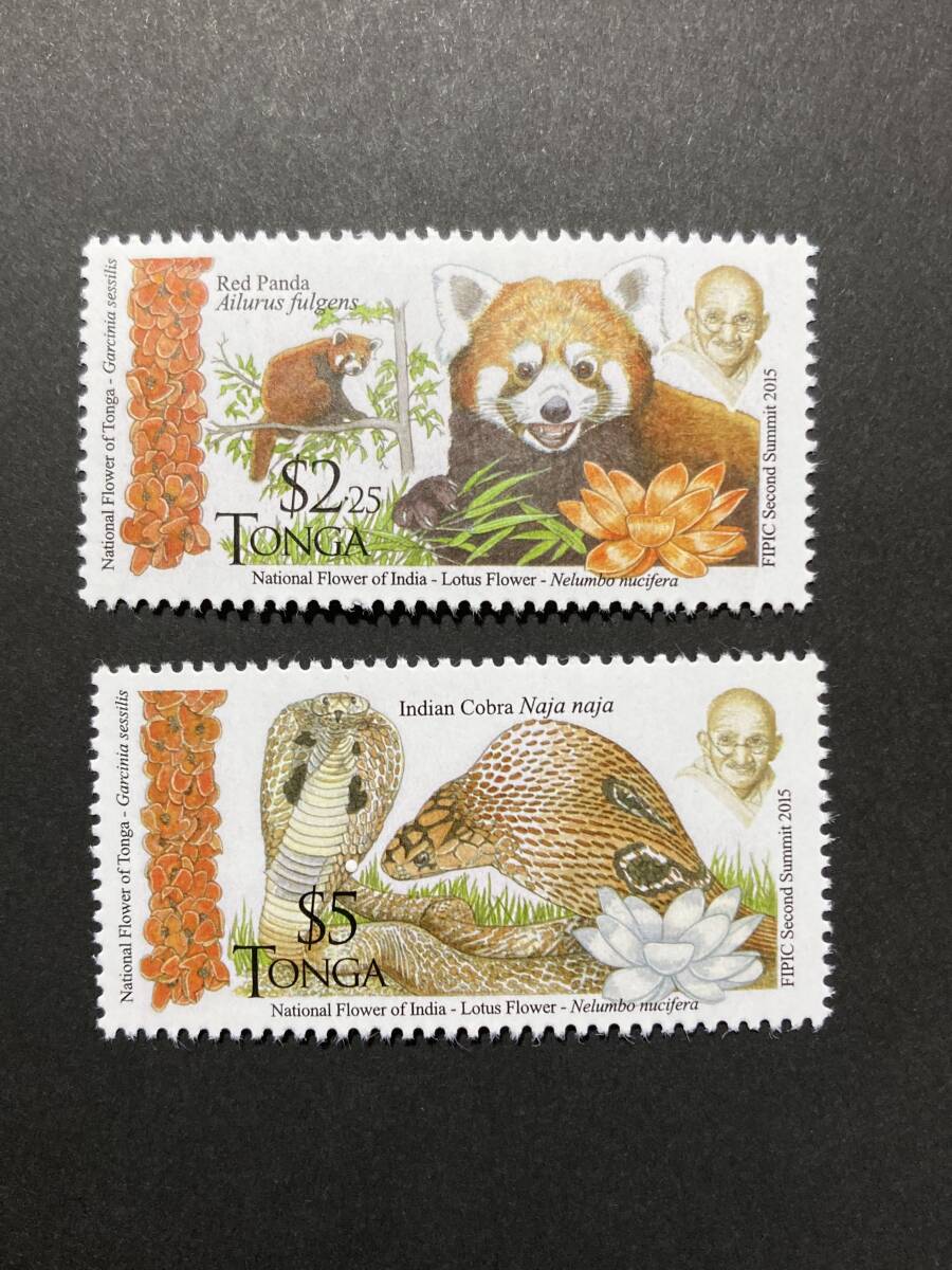  foreign stamp ( unused ) ton ga2016 year issue no. 2 times India * futoshi flat . islands country cooperation meeting single one-side 4 kind .- India. . raw animal gun ji-FIPICresa- Panda other 