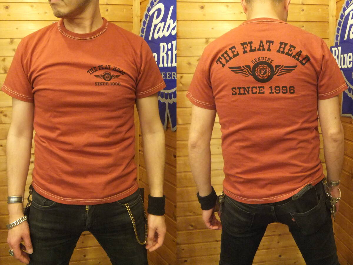 フラットヘッド正規店 FN-THC-202 年間定番シリーズ! 厚手生地の半袖Tシャツ[ライトレッド×黒][４０]新品が送料無料!! _[174cm×64㎏]で[40]を試着中の画像です。