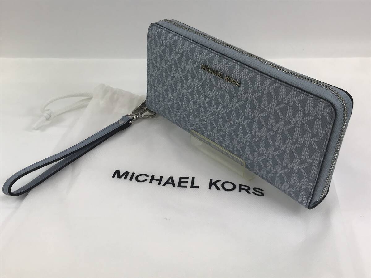 ☆MICHAEL KORS マイケルコース MK柄 PVC ラウンドファスナー 長財布 ウォレット 札入れ カード入れ フブルー系　美品！　♯203167-252_画像10