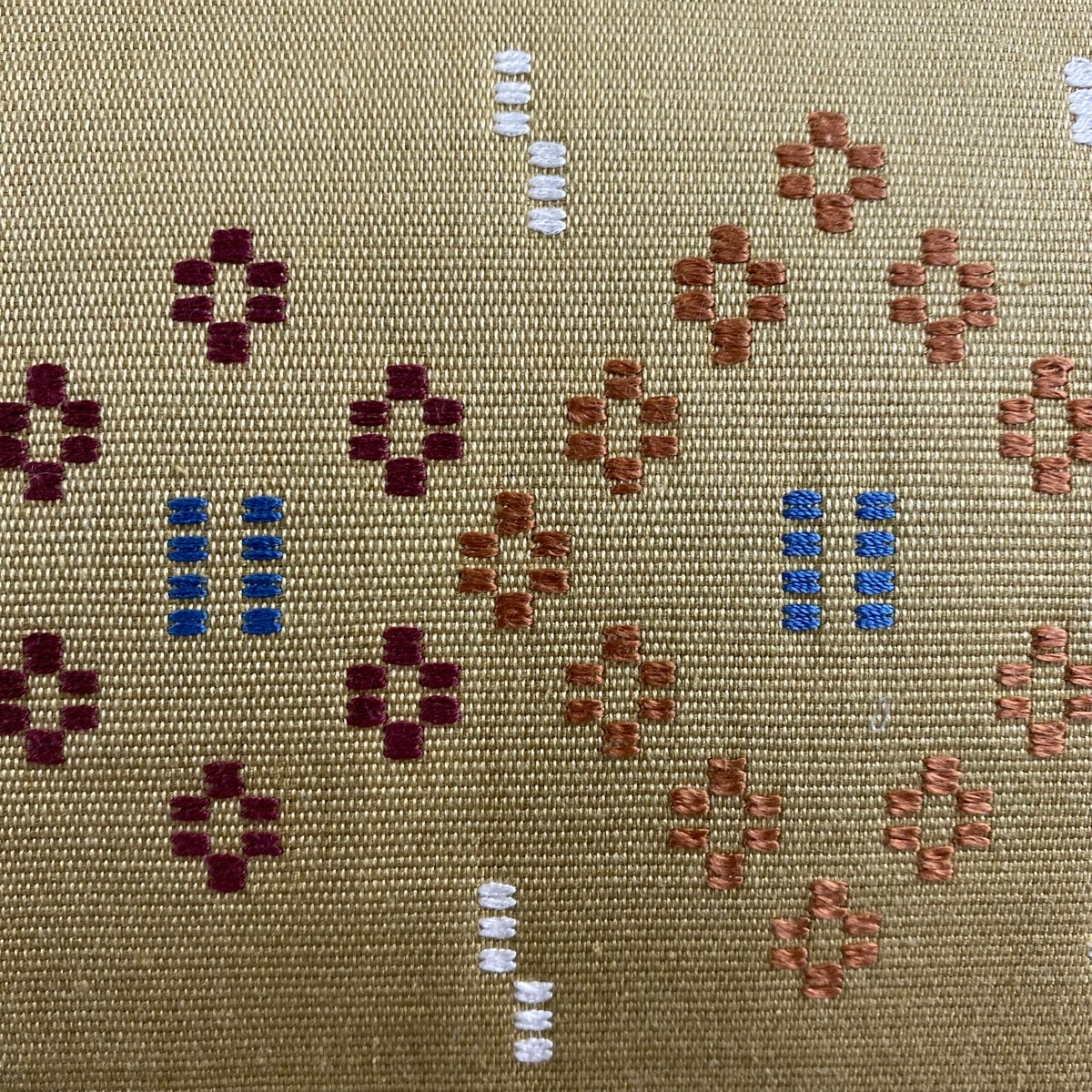 袋帯 美品 秀品 菱 幾何学 刺繍 茶緑色 お太鼓柄 正絹 【中古】_バイセル 14117_2