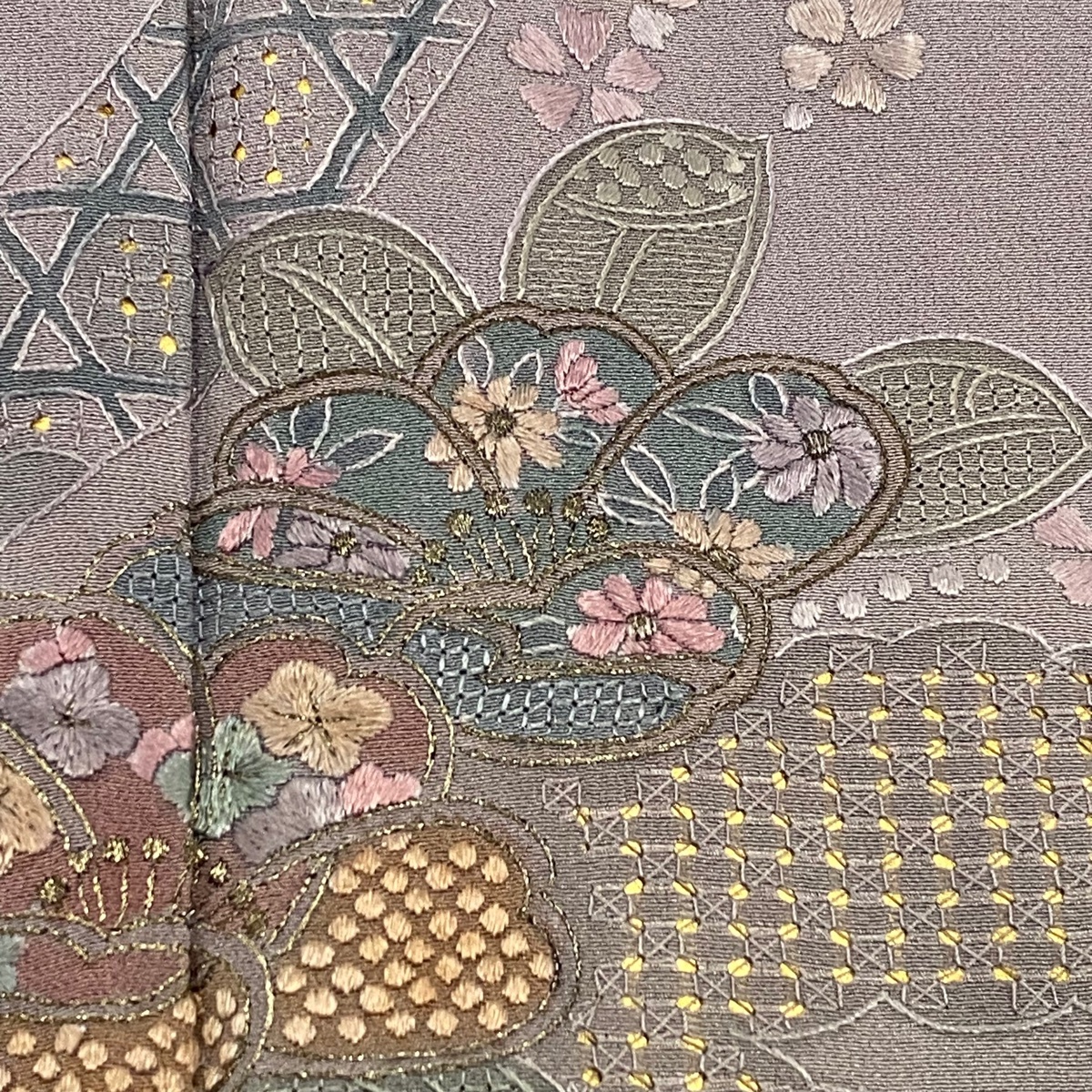 訪問着 身丈157.5cm 裄丈65.5cm M 袷 草花 熨斗 金糸 刺繍 灰紫 正絹 秀品 【中古】_バイセル 14088_5