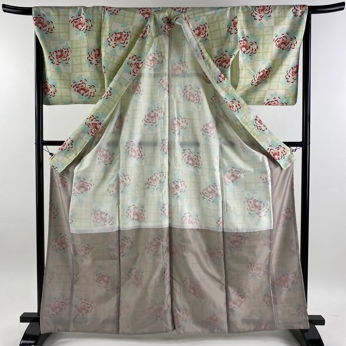 小紋 身丈165cm 裄丈67cm M 袷 洗える着物 菊 薄緑 化繊 美品 優品 【中古】_バイセル 14091_3