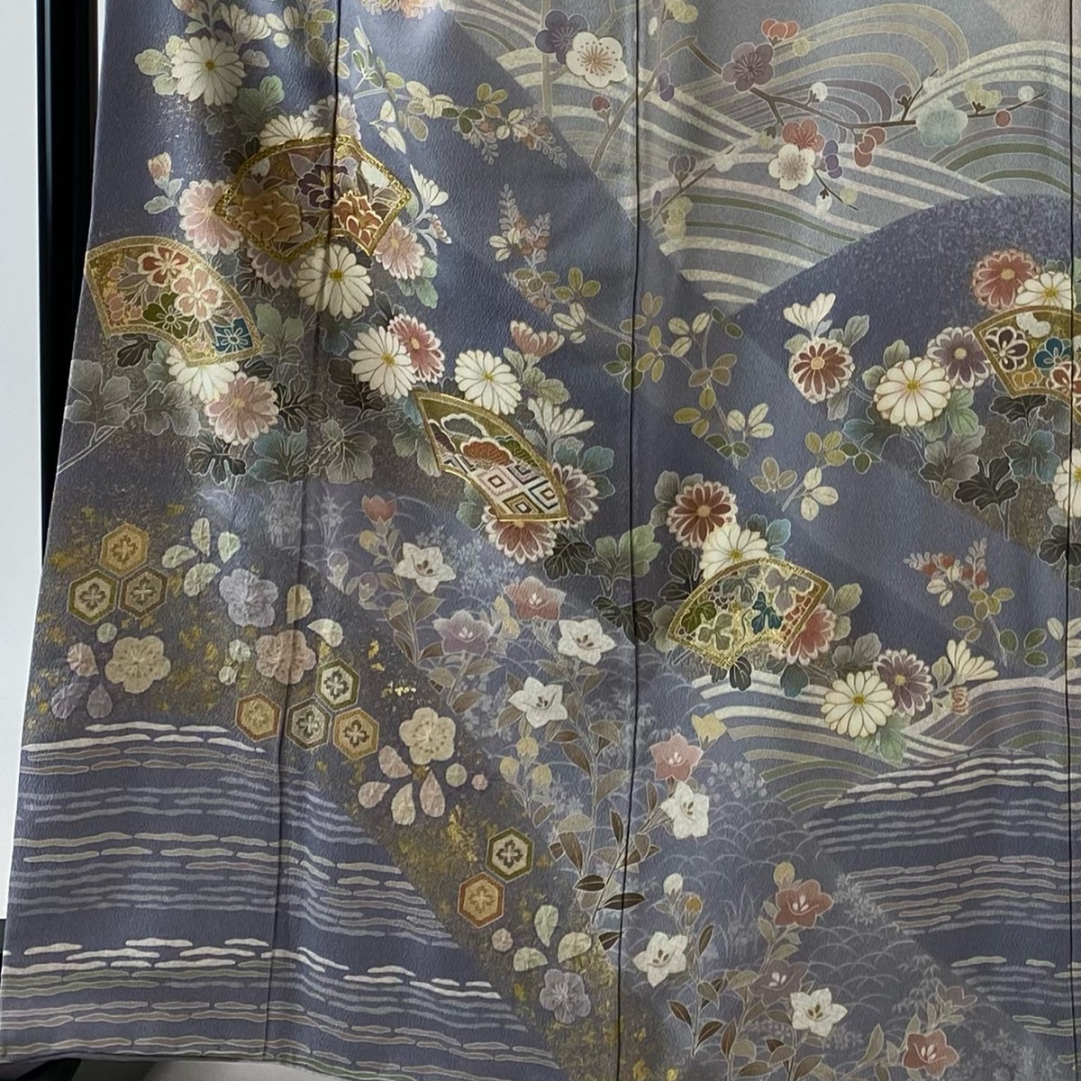 訪問着 身丈165.5cm 裄丈68.5cm L 袷 扇面 草花 金糸 金彩 薄紫 正絹 秀品 【中古】_バイセル 14088_2