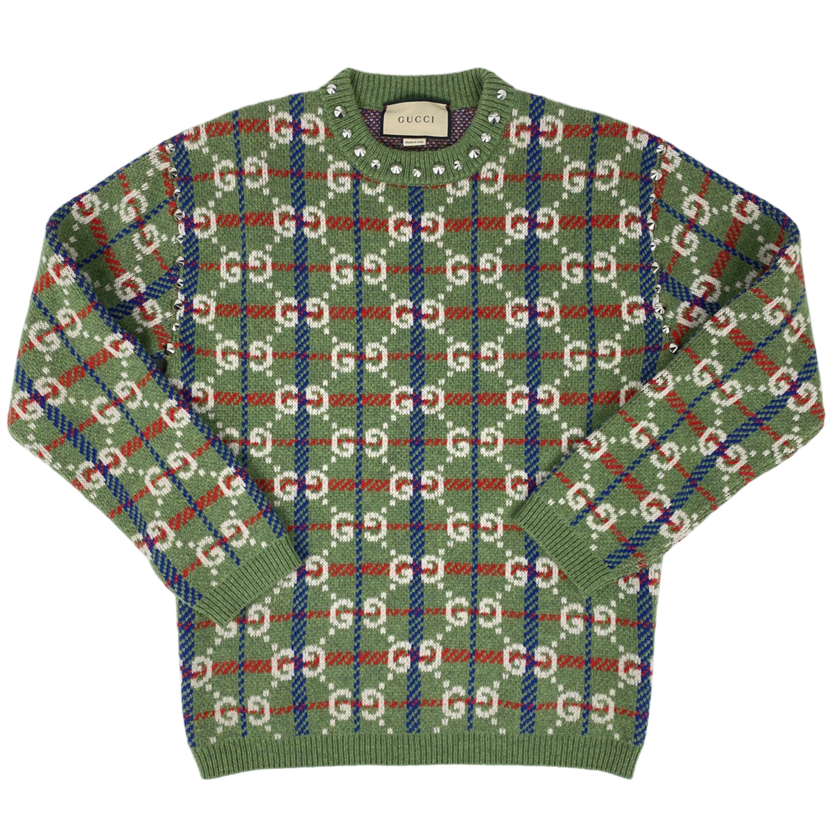  Gucci GUCCI GG pattern sweater crew neck knitted studs tops sweater wool green multicolor men's [ used ]