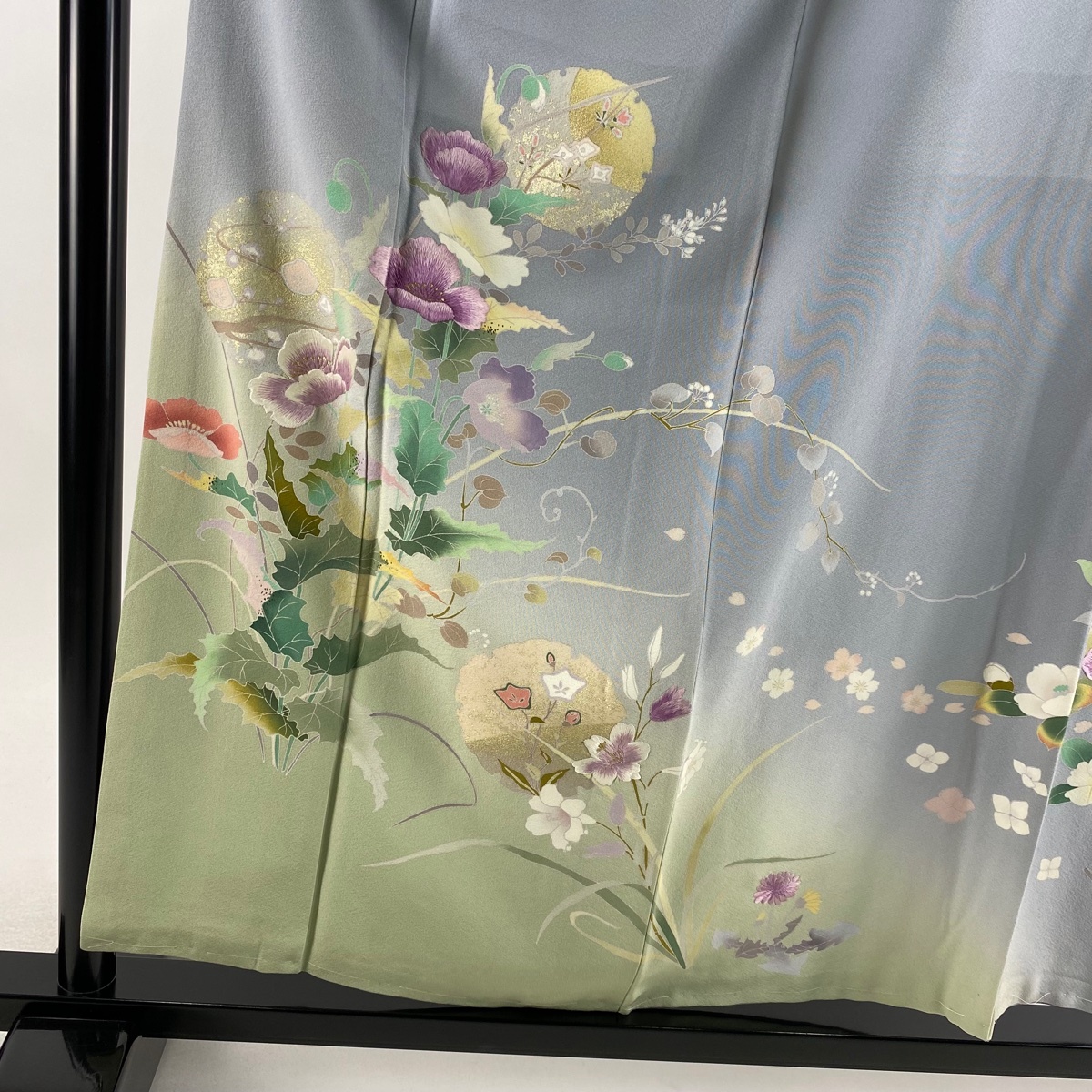 訪問着 身丈156.5cm 裄丈65.5cm M 袷 帝王紫 落款 草花 雪輪 刺繍 金彩 青灰色 正絹 逸品 【中古】_バイセル 14088_2