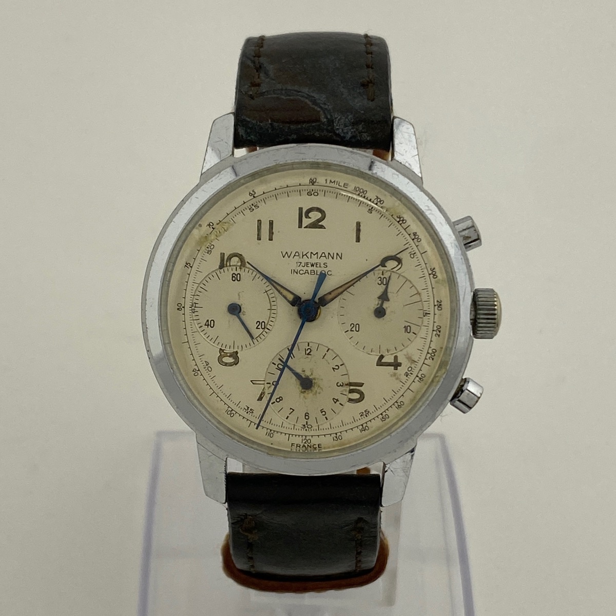 [ junk ]wa bear n rare name machine chronograph 17 stone in ka block wristwatch hand winding [ used ]