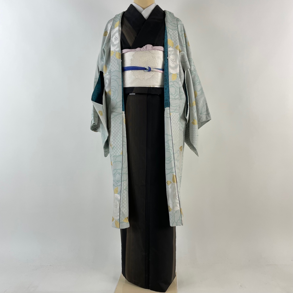 羽織 身丈106cm 裄丈68cm L 椿 網目文 箔 薄緑 正絹 美品 逸品 【中古】_バイセル 14098_2