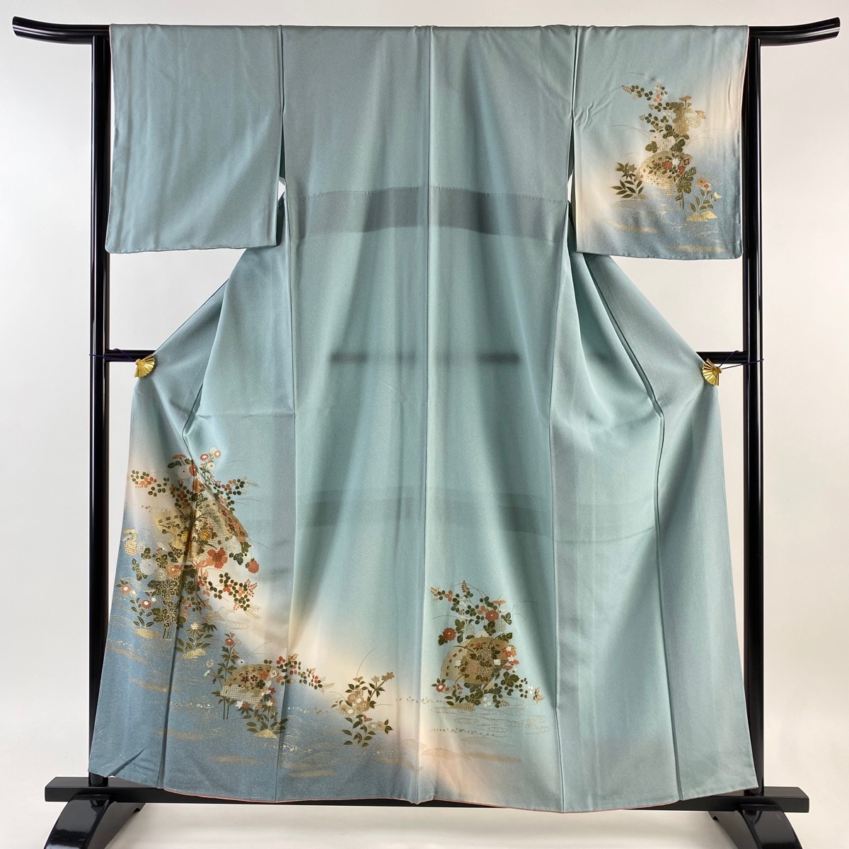 訪問着 身丈159.5cm 裄丈64cm M 袷 桧扇 菊 金糸 金銀彩 水色 正絹 美品 優品 【中古】_バイセル 14088_1