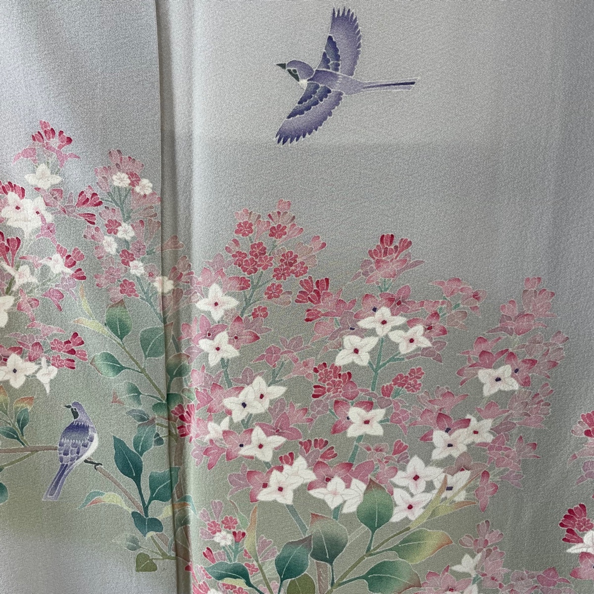 付下げ 身丈159cm 裄丈65cm M 袷 落款 草花 鳥 ぼかし 灰色 正絹 逸品 【中古】_バイセル 14089_3