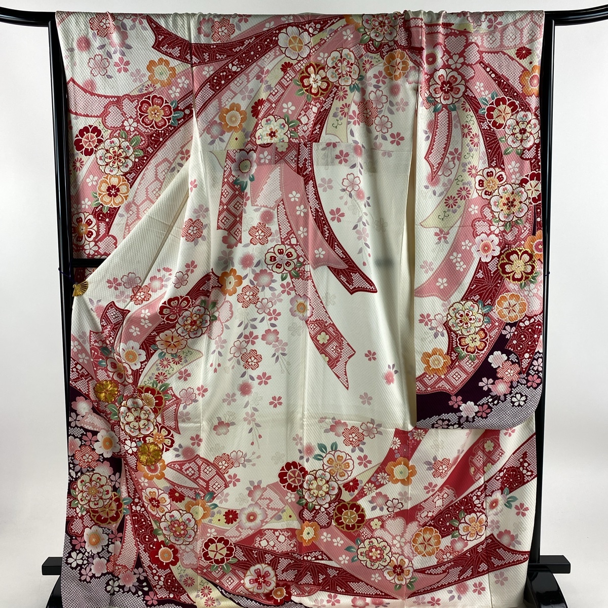  long-sleeved kimono length 171cm sleeve length 67.5cm L. Sakura bundle .. gold thread gold paint white silk name goods [ used ]