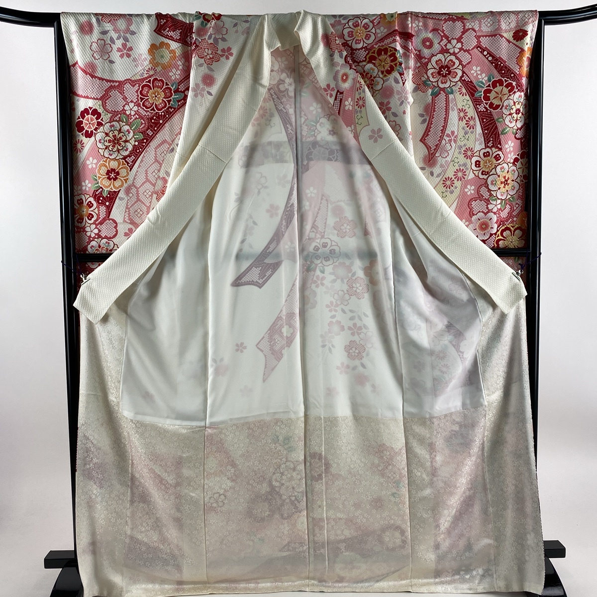  long-sleeved kimono length 171cm sleeve length 67.5cm L. Sakura bundle .. gold thread gold paint white silk name goods [ used ]