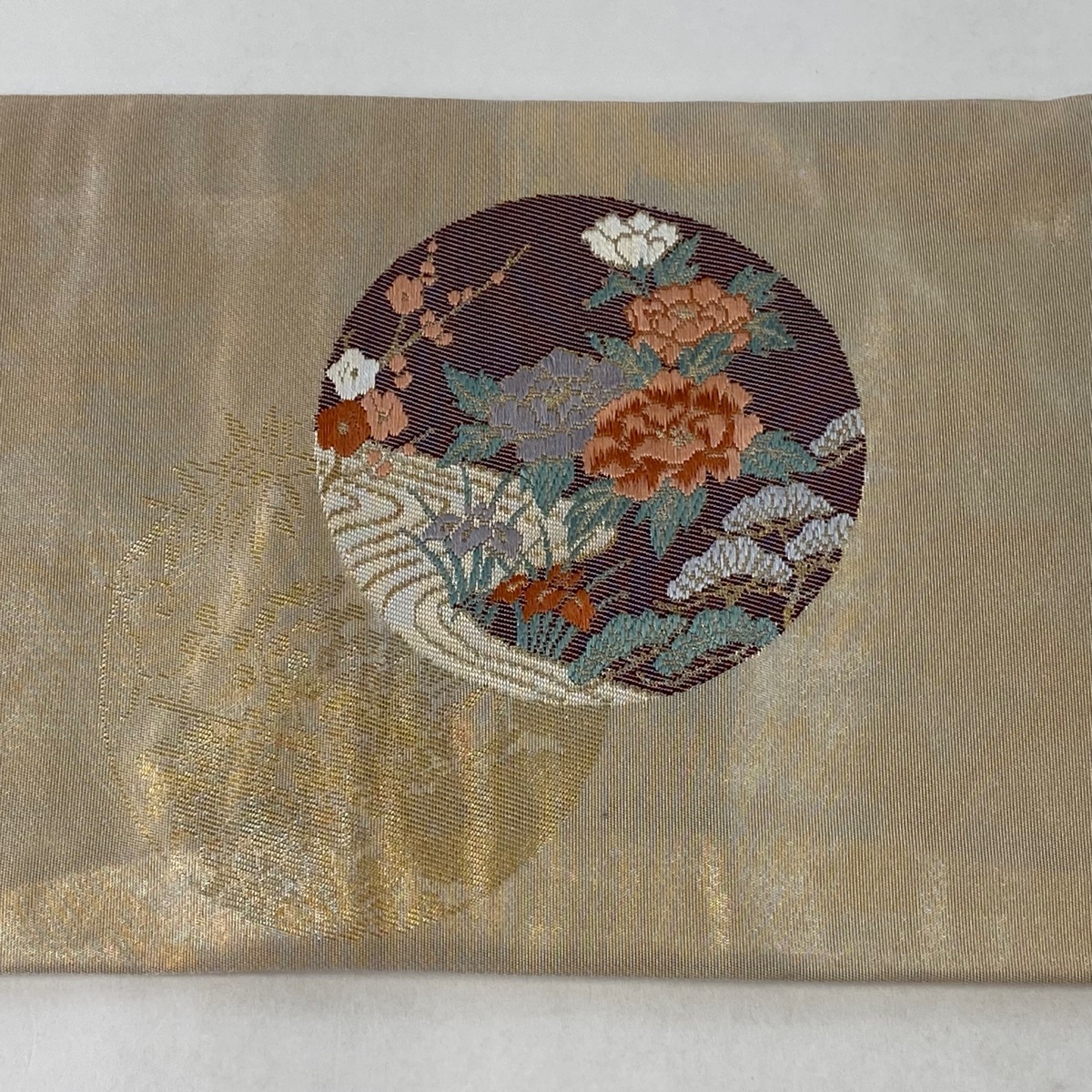 名古屋帯 美品 優品 松竹梅 草花 箔 金銀糸 ベージュ 正絹 【中古】_バイセル 14118_3