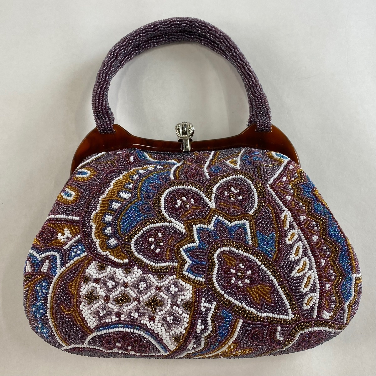 和装バッグ 美品 優品 ビーズバッグ セミフォーマル 草花 紫 ビーズ 和装小物 【中古】