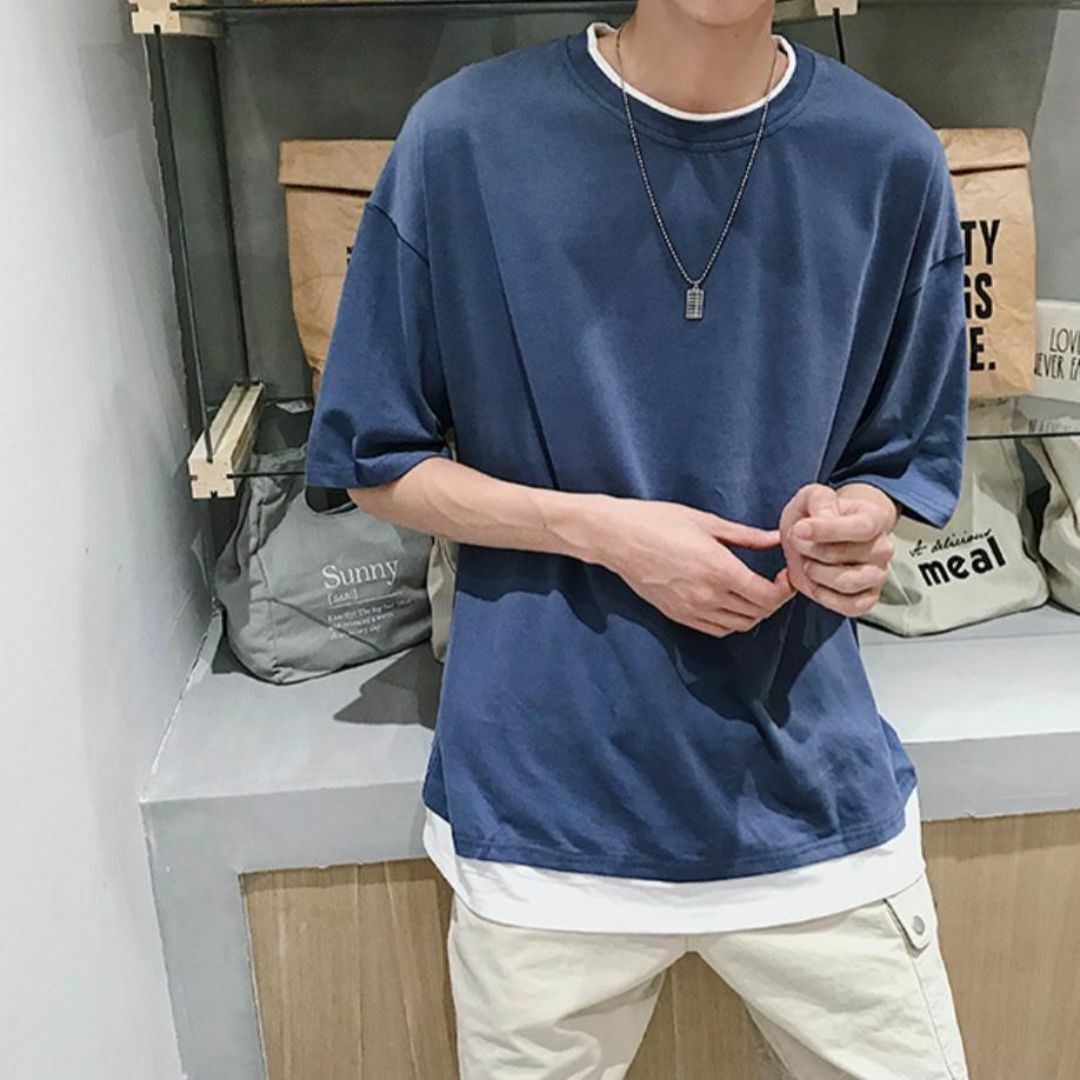 メンズ レイヤード Tシャツ 韓国 オーバーサイズ 重ね着 半袖 カットソー ブルー XXL
