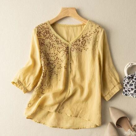  new arrival ~ cotton flax shirt lady's blouse tunic blouse 7 minute sleeve linen shirt natural put on .. easy pretty ~ yellow 