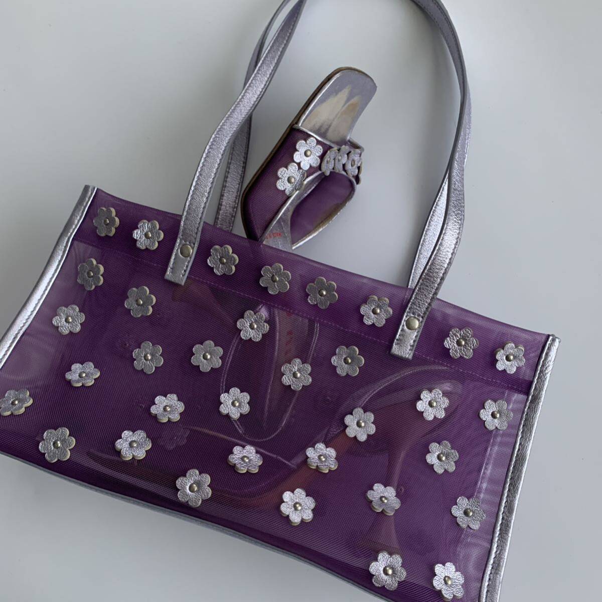 miumiu 1999 archive metallic lilac floral mesh（tote bag+pumps）2点セット_画像6