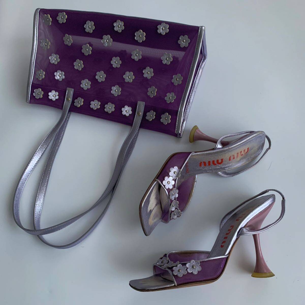 miumiu 1999 archive metallic lilac floral mesh（tote bag+pumps）2点セット_画像1