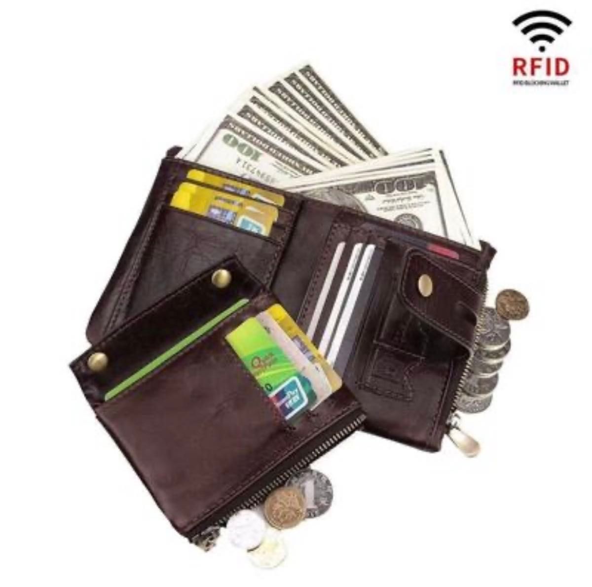RFID防止 メンズ 二つ折り財布 本革 隠しポケット付き ブラック