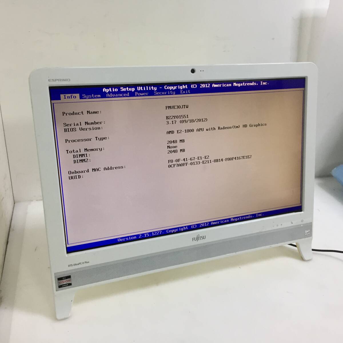 即決★FUJITSU ESPRIMO EH30/JT FMVE30JTW モニター一体型PC AMD E2 1800 1.70GHz 2GB【部品取りに/BIOS確認/現状渡し】_画像2