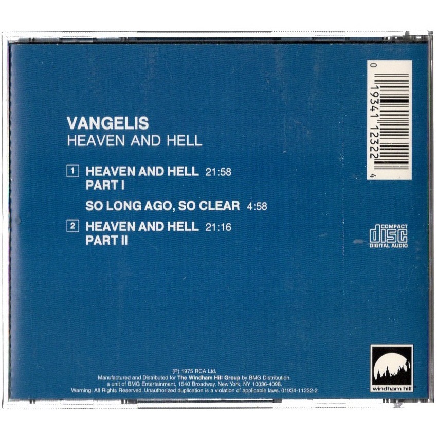  музыка CD Vangelis( Van ge белка ) [Heaven And Hell ( небо страна . земля .)] RCA 01934-11232-2 зарубежная запись . голова число минут воспроизведение проверка settled 