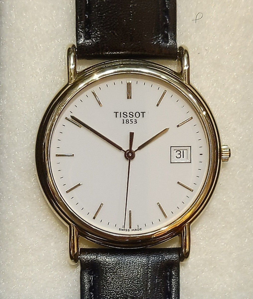 1円スタート TISSOT クォーツ 日付表示 革ベルト ティソ 18K刻印 腕時計 経年ですが未使用稼働品_画像2