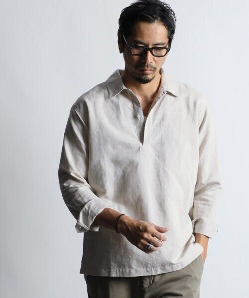 The DUFFER of ST.GEORGE LINEN BLEND SKIPPER SHIRT：綿麻素材 スキッパーシャツ XL ユーズドの画像1