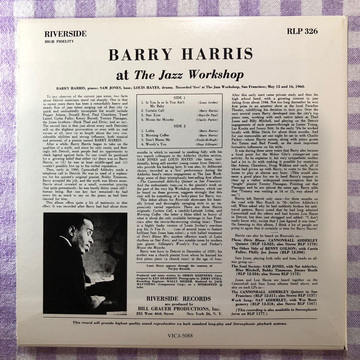 紙ジャケットCD／アット・ザ・ジャズ・ワークショップ＋３／バリー・ハリス （サム・ジョーンズ、ルイ・ヘイス） 1960年録音_画像2
