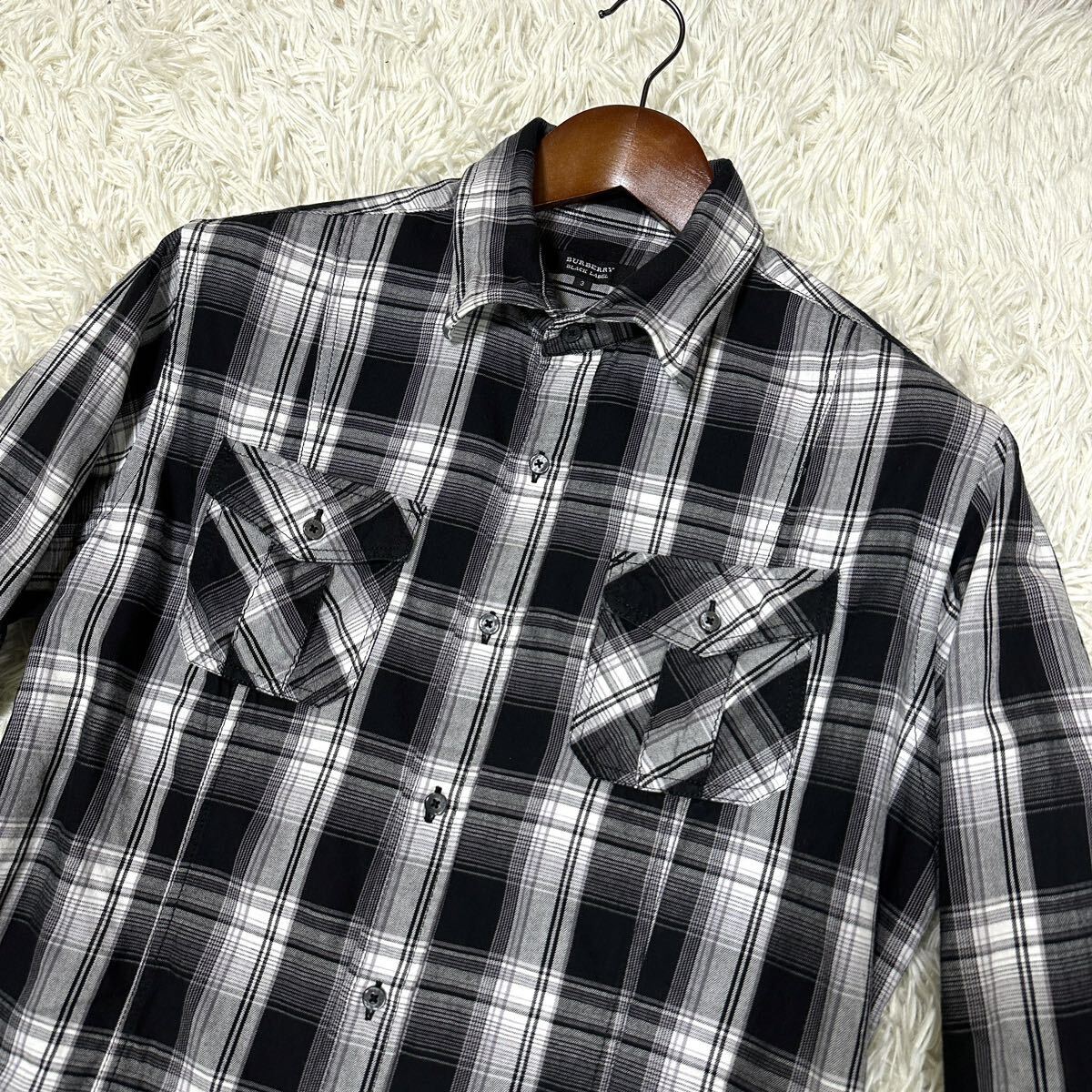 BURBERRY BLACK LABEL Burberry Black Label long sleeve shirt check shirt hose Logo black size 3