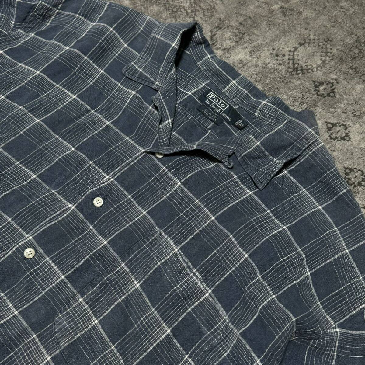 90s POLO Ralph Louren CLAYTON Ralph Lauren k Ray тонн linen рубашка с коротким рукавом проверка открытый цвет . воротник 90 годы Vintage 