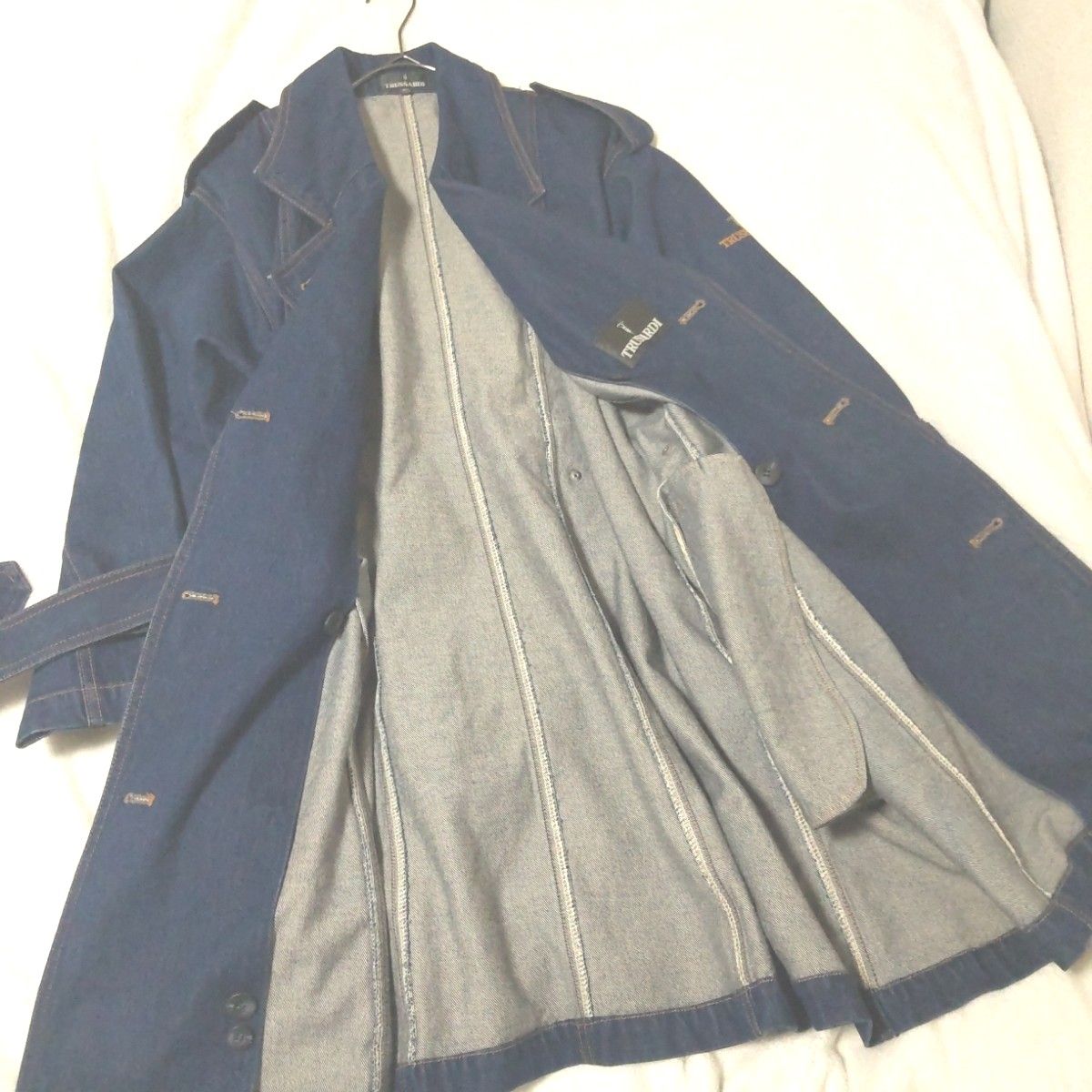 トラサルディ　デニムトレンチコート　刺繍ロゴ　ロング丈　大きいサイズ　ジャケット