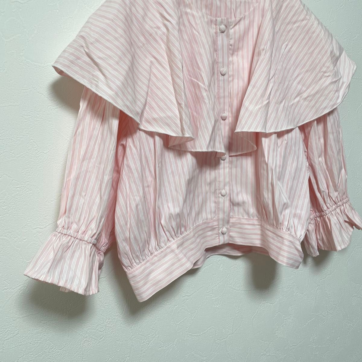 グレイル　GRL ストライプ柄ビッグカラーショート丈ブラウス[al107b]  シャツ　ピンク　美品